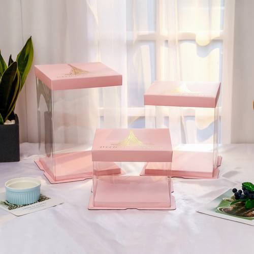 페이 홍 6 8 10 12 인치 3피스 단층 + 하이 더블 바비 파우더 컬러 투명한 생일 케이크 상자 주문제작