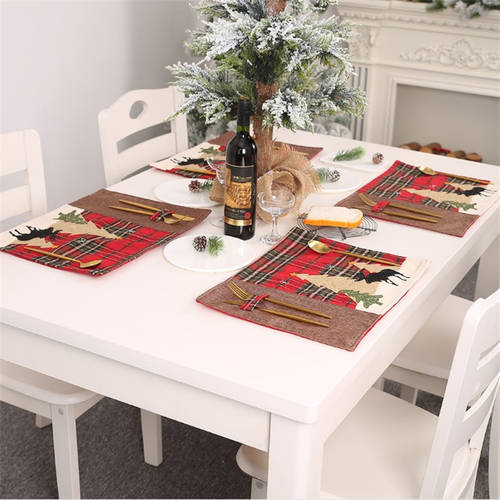 크리스마스 장식 용품 체크무늬 배너 천 식사 패드 사슴 작은 나무 테이블 보 단열 쿠션 테이블 패드