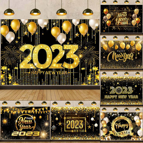 Happy New Year 2023 Backdrop Glitter Clock Firework Party De