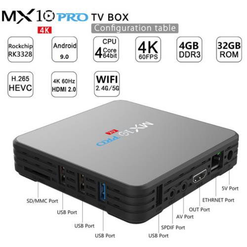 MX10 PRO K3328 4G32G 4K 블루투스 고선명 HD 인터넷 PLAYER 포함 디지털디스플레이 4 개 USB 포트 안드로이드 9