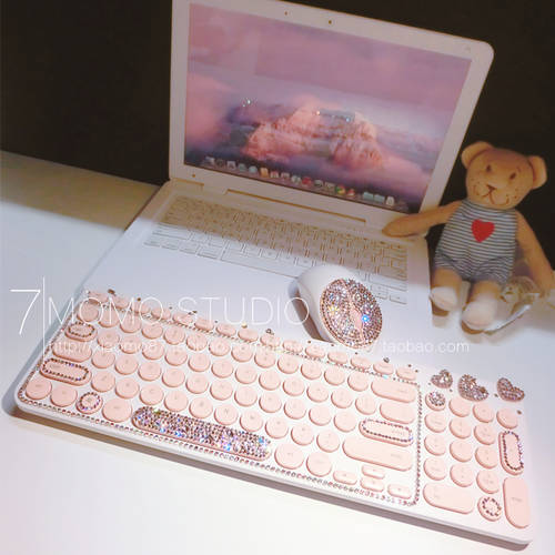 원본 핑크색 도트 무선 키보드 마우스 세트 노트북 데스크탑컴퓨터 한정판 모조 다이아몬드 소녀감성 키보드