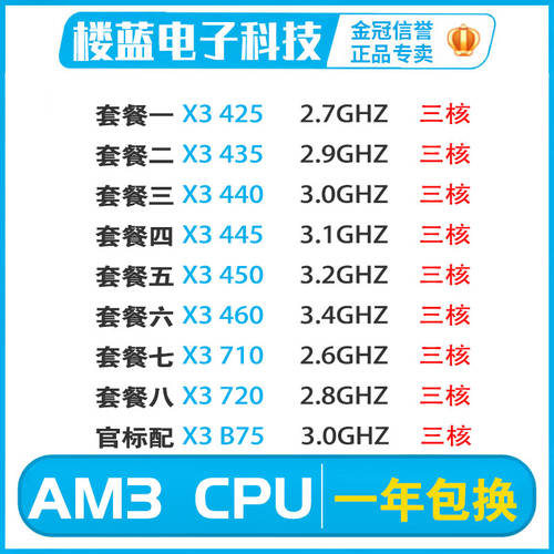 AMD X3 425 435 440 445 450 460 710 720 B75 AM3 트리플 코어 938 핀 CPU