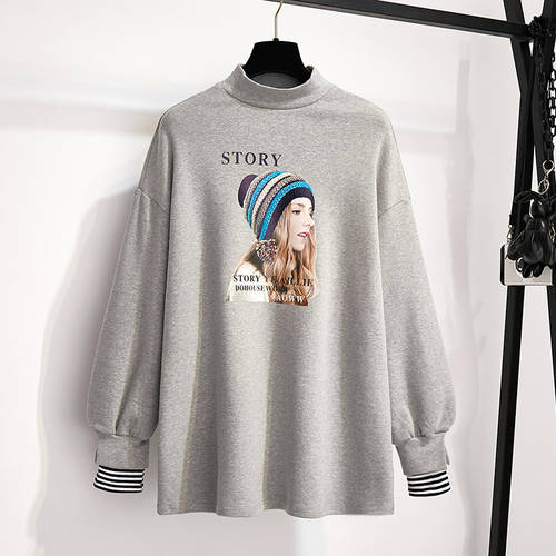 이너 여성용 반폴라 하프넥  년 가을 겨울 신제품 신상 웨스턴 스타일 서양풍 루즈핏 미디 플레어 상의 범퍼 두꺼운 벨벳 티셔츠 T셔츠
