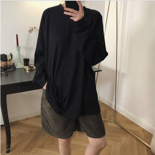 한국 요즘핫템 셀럽 가을 심플 원형 칼라 길이 제품 이너 루즈핏 이너 화이트 긴 소매 긴팔 티셔츠 T셔츠 의류 조수 순면