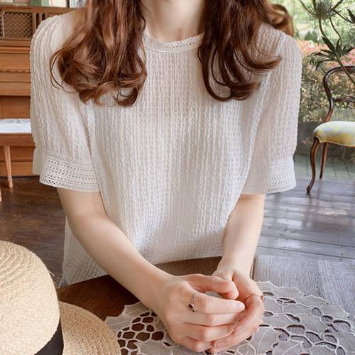 한국 동대문 가을  신제품 신상 시폰 벌룬 소매 상의 블라우스 내의 여신 셔츠 반팔 티셔츠 T셔츠 여성용 ins