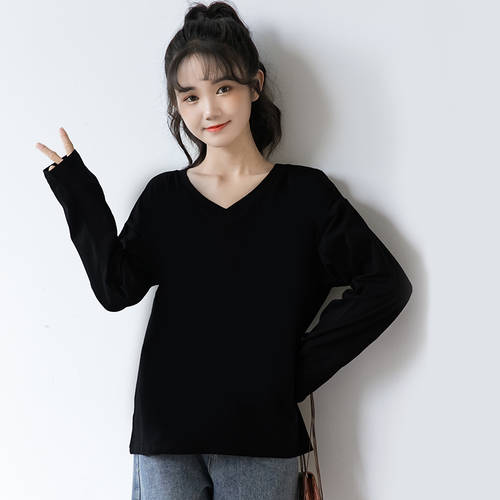  가을 신제품 신상 블랙 V 칼라 티셔츠 T셔츠 여성용 루즈핏 블랙 상의 학생용 봄 가을 한국판 순면 롱 소매 바닥 셔츠