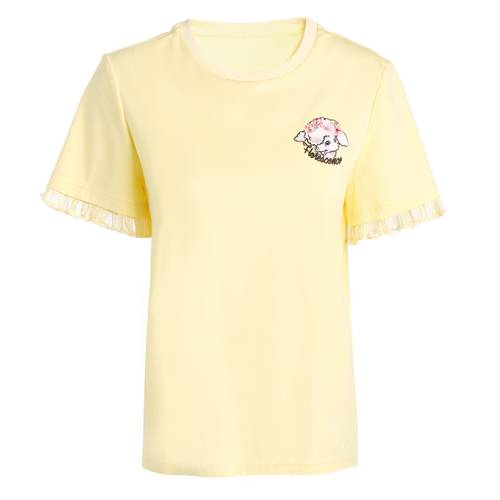 FIVE PLUS 신상 여성 여름옷 반팔 티셔츠 T셔츠 여성용 루즈핏 자수 디자인 상의 순면 라운드 넥
