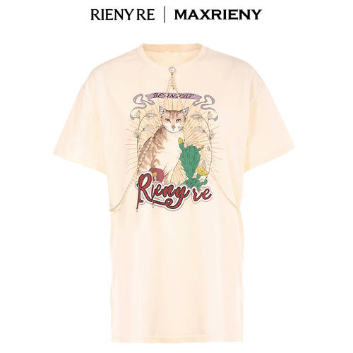 【RIENY RE 시리즈 】MAXRIENY 가을 신제품 신상 라운드 넥 반팔 루즈핏 레트로 순면 t 셔츠