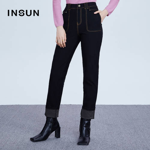 예약 판매 INSUN  가을 신제품 신상 면 스판 슬림핏 하이웨이스트 슬림핏 키 커보이는 HERUO 발열 청바지 데님팬츠 여성용