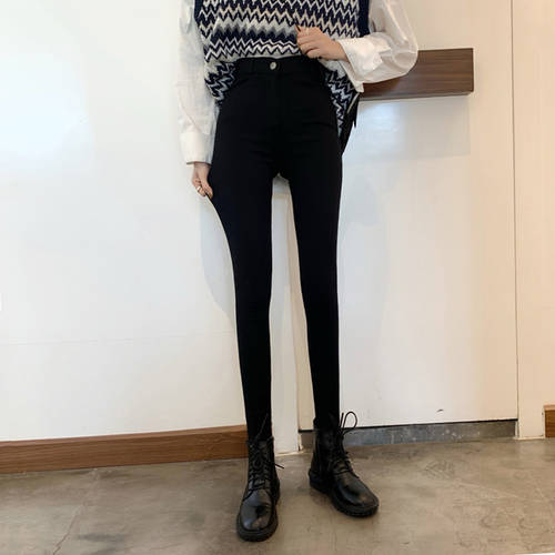 블랙 레깅스 여성용 가을 겨울 한국 레트로 슬림 탄력 하이웨이스트 슬림핏 연필 바지 올매치 위에 걸쳐 입는 얇은 다리 바지