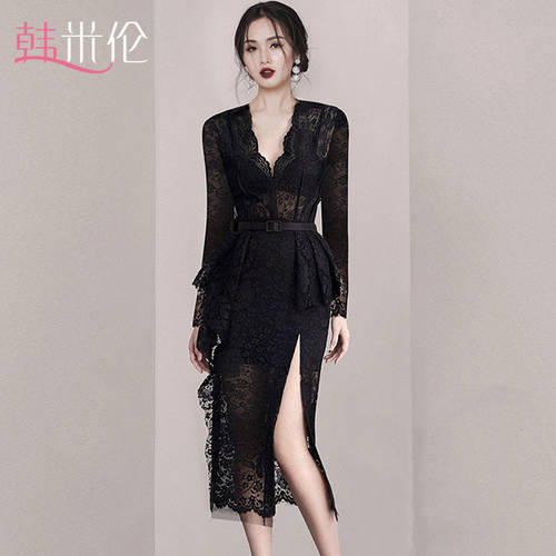 블랙 섹시한 레이스 원피스 여성 노인 소매  가을옷 신제품 신상 분위기 최첨단 하이엔드 라이트럭셔리 레이디 인기있는 여성복