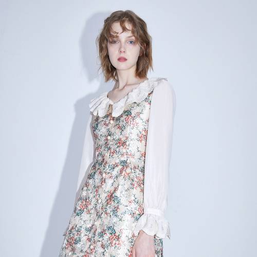 miss COCOON 가을옷 신상 여성 의류 레트로 프린팅 디자인 레이스 시폰 긴 소매 긴팔 원피스