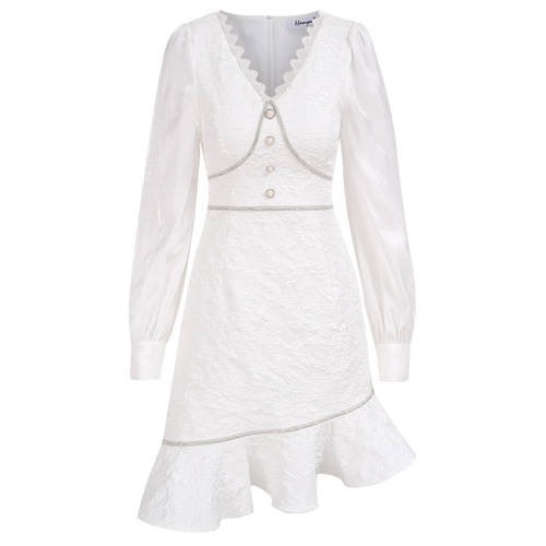 한국어 Lin 밴딩 V 칼라 드레스  가을 여성복 신제품 신상 한국판 레이스 치마 긴 소매 긴팔 분위기 짧은 치마