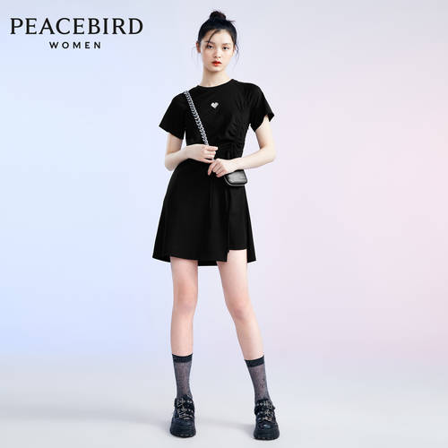 PEACEBIRD 블랙 슬림핏 티셔츠 T셔츠 스커트 여성용  써머 여름용 신제품 신상 반팔 라운드 넥 밴딩 원피스 심플 셔링