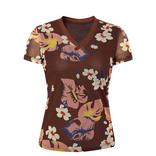 GIRDEAR  신상 여성 의류 출퇴근용 반팔 V 칼라 씰 꽃 슬림핏 상의 티셔츠 T셔츠 여성용 SHI 8300093