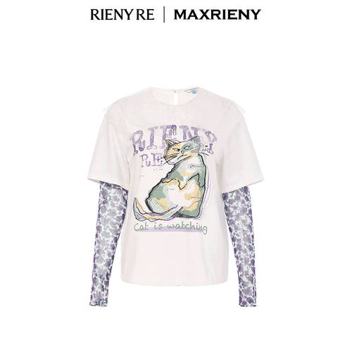【RIENY RE 시리즈 】MAXRIENY 피터 팬 칼라 프린팅 꽃무늬 레이어드 레이어링 조합 베이스 망사 티셔츠 T셔츠
