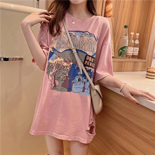 반팔 티셔츠 T셔츠 여성용  여름옷 한국판 캐주얼 디스트로이드 큰 버전 상의 OUZHOUZHAN 루즈핏 미디 플레어 티셔츠