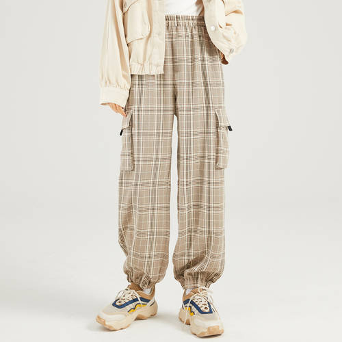 METERS/BONWE 카고팬츠 여성용 루즈핏 키 커보이는 슬림핏  신제품 신상 가을 체크무늬 바지 하이웨이스트 캐주얼 바지 여성