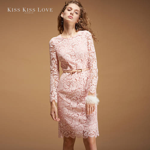 kiss kiss love 가을 겨울 신상 여성 의류 레이스 치마 드레스 핑크색 긴 소매 긴팔 레이스 원피스