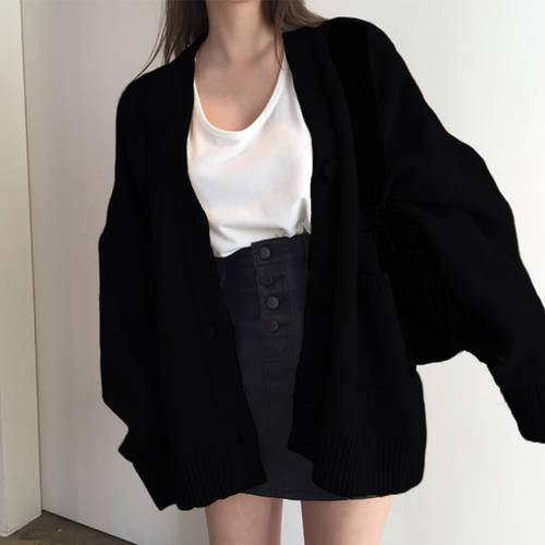 블랙 V 칼라 뜨개질 가디건 여성용 스웨터 니트 케이스 루즈핏 위에 걸쳐 입는 캐주얼 가을 겨울  신제품 신상 올매치 상의