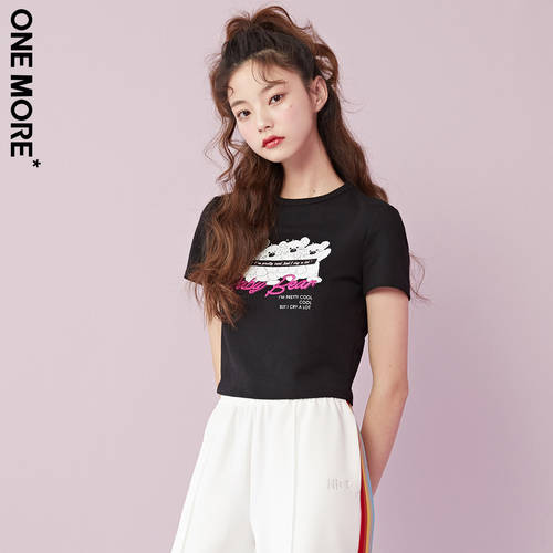 ONE MORE 여름과 가을 신제품 신상 화이트 반팔 티셔츠 T셔츠 여성용 베어 디자인 슬림 짧은 쇼트 이너 상의 여성용