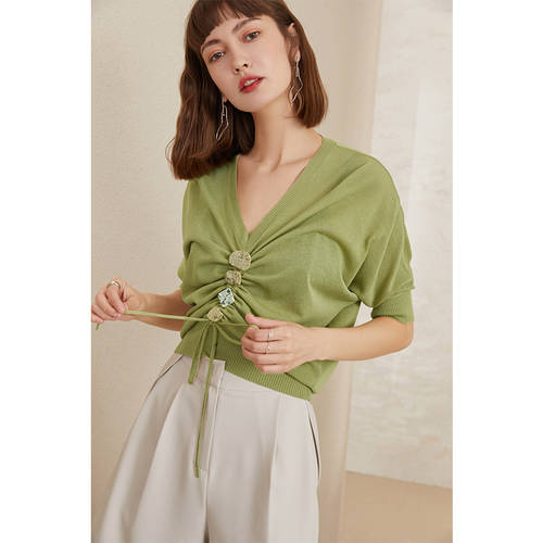 FANSILANEN V 칼라 상의 반팔 여성용  여름 지신 제품 한국판 올매치 니트 t 셔츠 여성용 ins 패션 트랜드