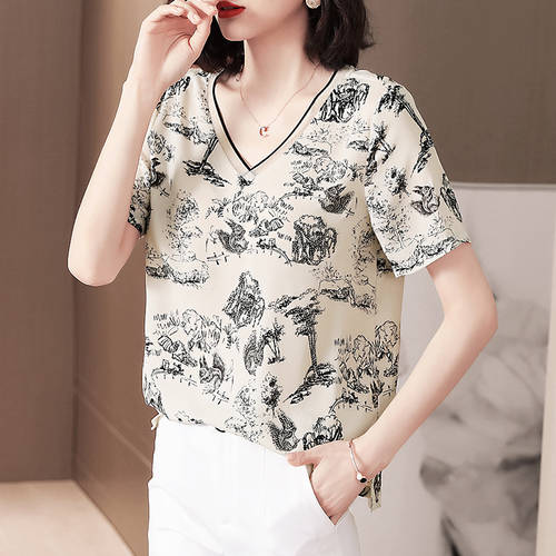 반팔 t 셔츠 여성용  여름 지신 제품 웨스턴 스타일 서양풍 패션 트렌드 루즈핏 V 주요한 암호 프린팅 상의 올매치 시폰 셔츠