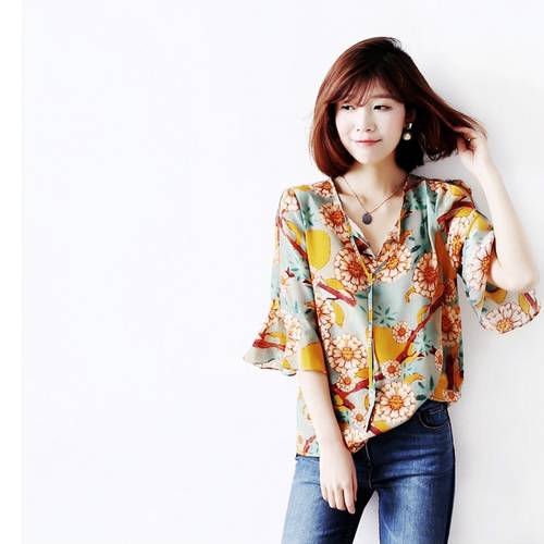시폰 프린팅 셔츠 여성용  써머 여름용 연꽃잎 소매 올매치 Kowidth 느슨하게 한국판 슬림핏 7부 소매 상의 티셔츠 T셔츠
