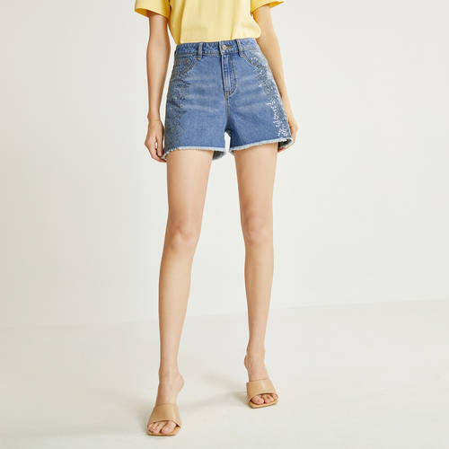 DESIGNICE  여름옷 신제품 신상 순면 하이웨이스트 글리터 패션 트렌드 한국판 꼬마 작은 키 데님 쇼트 바지 여성용