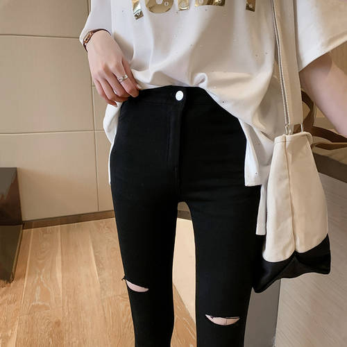 신제품 신상 한국판 하이웨이스트 탄력 레깅스 여성용 위에 걸쳐 입는 슬림 디스트로이드 얇은 다리 바지 블랙 컬러 슬림핏 연필 가을 바지 겨울