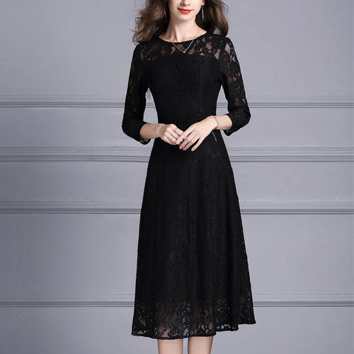 SHUIMOQINGHUA 가을옷 신제품 여성복 패션 트렌드 슬림핏 7부 소매 롱스커트 심플 밴딩 레이스 원피스