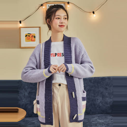 TONLION  가을 NEW 편물 셔츠 여성용 한국판 브이넥 V넥 줄무늬 스트라이프 루즈핏 캐주얼 스웨터 니트 위에 걸쳐 입는 가디건 케이스