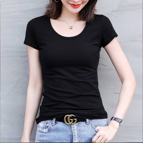 한국 블랙 반팔 t 셔츠 여성용  신제품 신상 써머 여름용 라운드 넥 순면 슬림핏 올매치 상의 반소매 패션 트랜드 티셔츠