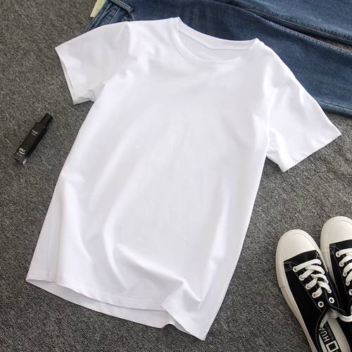 화이트 t 셔츠 여성용 여름 순면 기본 반팔 여성 새로운 스타일 슬림핏 퓨어 화이트 단색 티셔츠 화이트 T 베이스 티셔츠