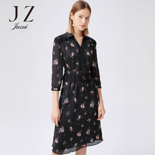 JUZUI/ 지우 지 공식 플래그십스토어  가을 신제품 신상 블랙 우아한 엘레강스 꽃무늬 밴딩 여성용 시폰 원피스
