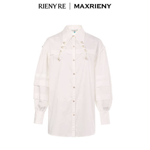 【RIENY RE 시리즈 】MAXRIENY 비숍 슬리브 벌룬소매 진주 브이넥 루즈핏 oversize 베이스 흰 셔츠