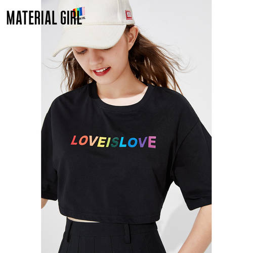Material Girl 블랙 프린팅 알파벳 반팔 티셔츠 T셔츠 여성용 올매치 루즈핏 상의  가을 신제품 신상 패션 트랜드
