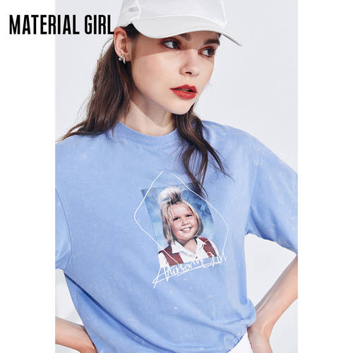 Material Girl 인물 프린팅 반팔 티셔츠 T셔츠 여성용 블루 순면 레트로 루즈핏  신상 신형 신모델 엽기 패션 트렌드