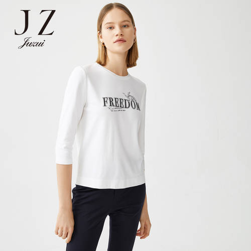 JUZUI/ 지우 지 공식 플래그십스토어  가을 신제품 신상 단색 라운드 넥 패션 트렌드 알파벳 여성용 티셔츠 T셔츠
