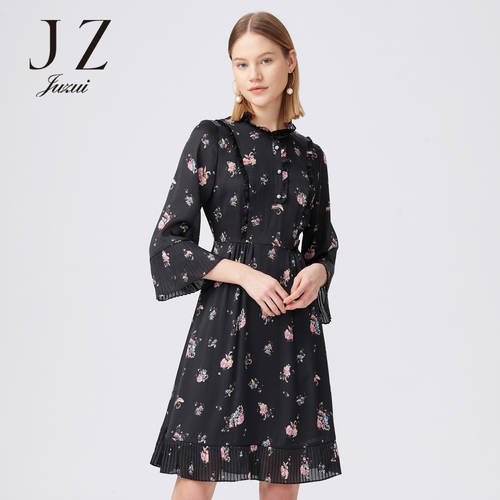 JUZUI/ 지우 지 공식 플래그십스토어  가을 신제품 신상 블랙 분위기 꽃무늬 밴딩 시폰 여성용 원피스