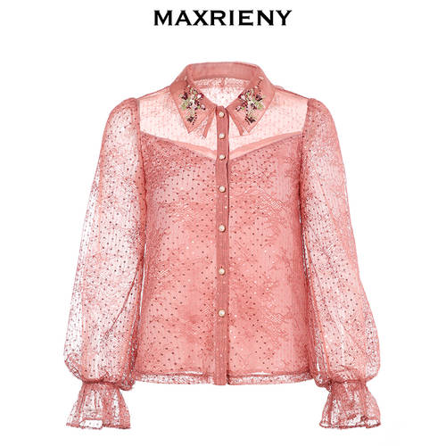 MAXRIENY 가을 신제품 신상 자카드 패턴 레이스 분위기 상의 레트로 슬림핏 비숍 슬리브 벌룬소매 망사 셔츠 여성용