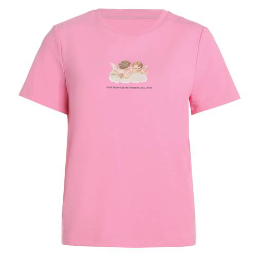 FIVE PLUS 신상 여성 여름옷 반팔 티셔츠 T셔츠 여성용 루즈핏 프린팅 라운드 넥 상의 면 디자인
