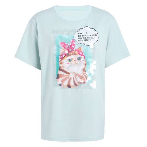 FIVE PLUS 신상 여성 여름옷 반팔 티셔츠 T셔츠 여성용 루즈핏 카툰만화 MAOMI 중간 길이 상의 라운드 넥 디자인