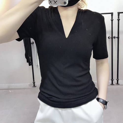 메릴 니트 반팔 티셔츠 T셔츠 V 칼라  여름 시즌 소녀 새로 설치 한국어 버전 슬림핏 요즘핫템 셀럽 상의 반소매
