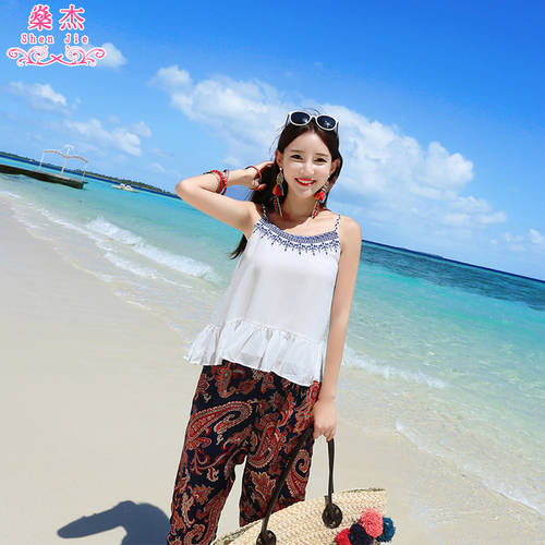 해변 휴가 비치 스트랩 조끼 여성 여름 시폰 자수 이너 위에 걸쳐 입는 상의 이너 티셔츠 T셔츠 스트랩 셔츠