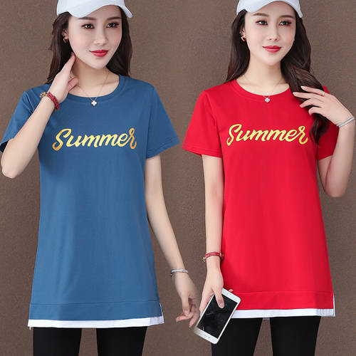 미디 플레어 t 셔츠 여성용 순면 루즈핏 대형 빅 사이즈 배 가리는 여성용 t 桖 반팔 Pangmm 여름옷 상의 반소매 한국판 티셔츠