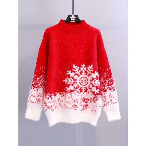 크리스마스 레드 반폴라 하프넥 스웨터 여성  NEW 한국어 버전 루즈핏 캐주얼 봄옷 범퍼 두꺼운 웨스턴 스타일 서양풍 니트