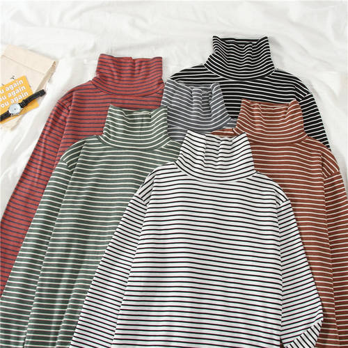 긴 소매 긴팔 티셔츠 T셔츠 여성용  가을 지신 제품 봄 가을 올매치 코디하기 쉬운 슬림핏 반폴라 하프넥 줄무늬 스트라이프 이너 이너 상의