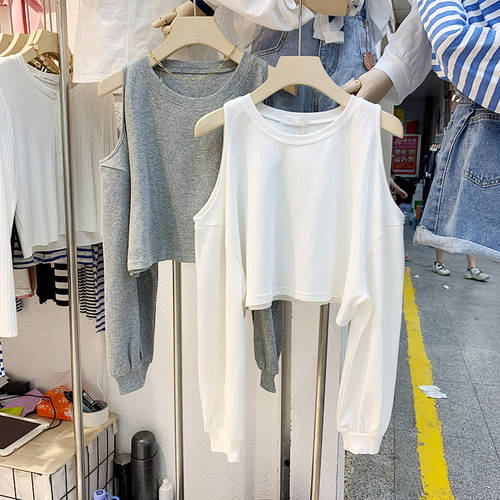 긴 소매 긴팔 t 셔츠 여성 가을옷  NEW 한국어 버전 ins 패션 트렌드 단색 펀칭 끈이없는 짧은 쇼트 SUPERB 티셔츠 상의