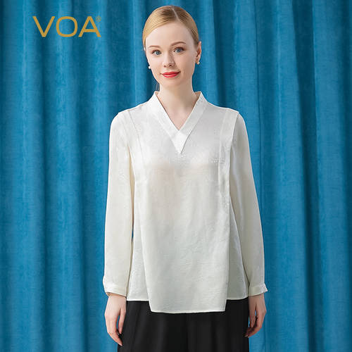 VOA 실크 자카드 패턴 29 모미 원래 흰색 조합 V 칼라 셔츠 긴 소매 긴팔 캐주얼 스트레이트 핏 클래식 올매치 티셔츠 T셔츠 천